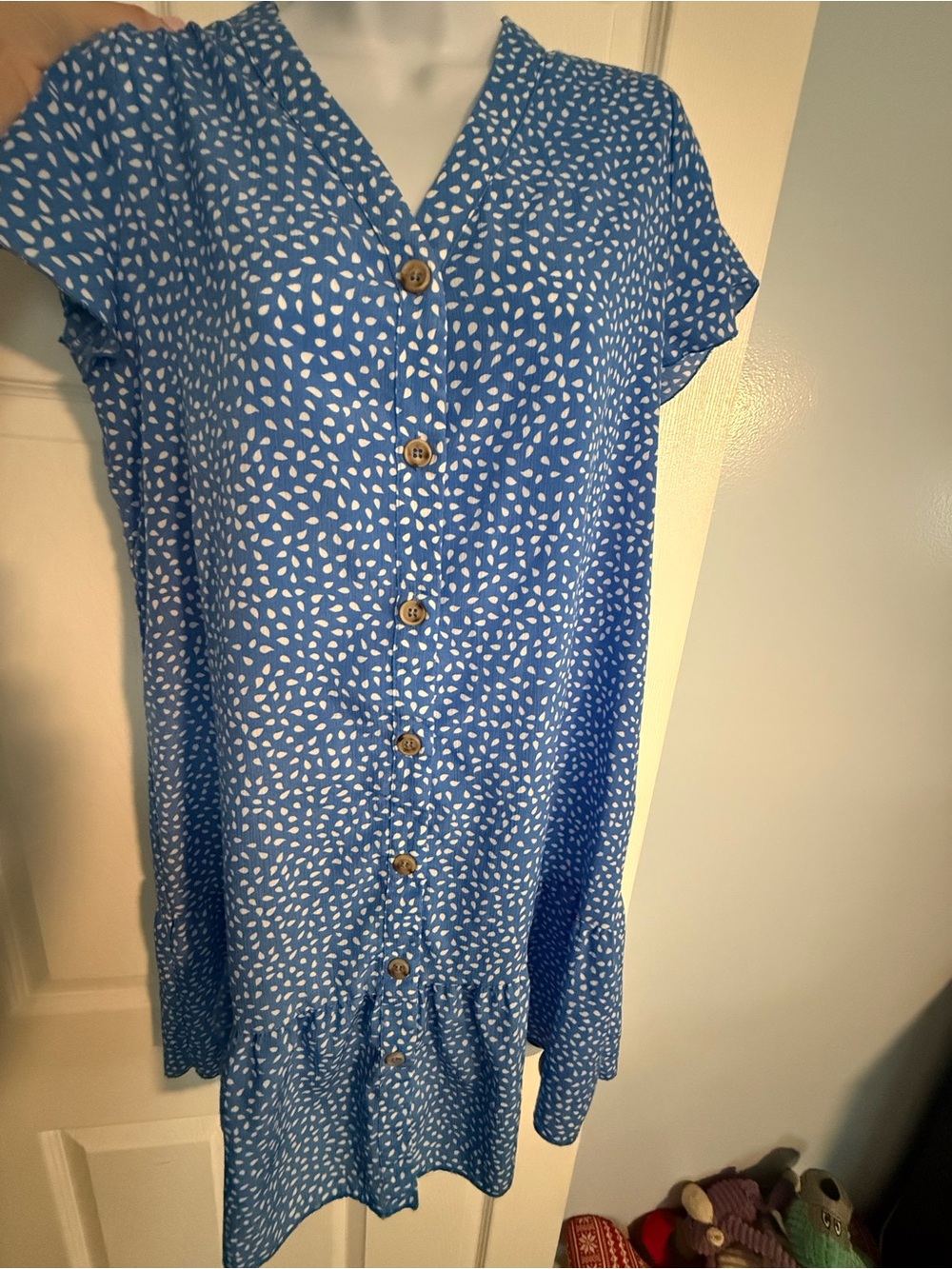 Blue Dot Print Button-Front Ruffle Hem Dress